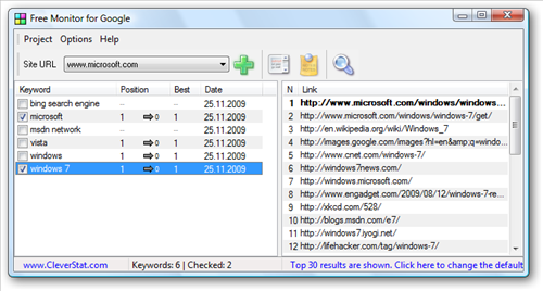Free Monitor for Google - Keyword Suchmaschine Ranking software (Zum Vergrößern anklicken)